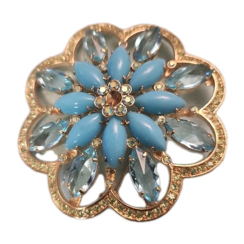 Vintage Brooch Marquise Cut Aquamarine Turquoise Gold Tone Peridot
